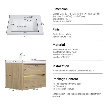 30" Aurelia - Floating Bathroom Vanity, Natural Oak V15-30NO