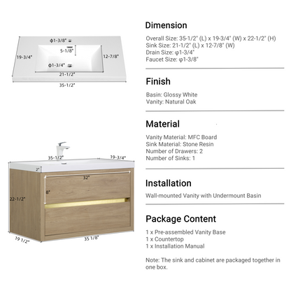 36" Aurelia - Floating Bathroom Vanity, Natural Oak V15-36NO