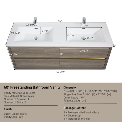 60" Aurelia - Floating Bathroom Vanity, Ash Grey V15-60DAG