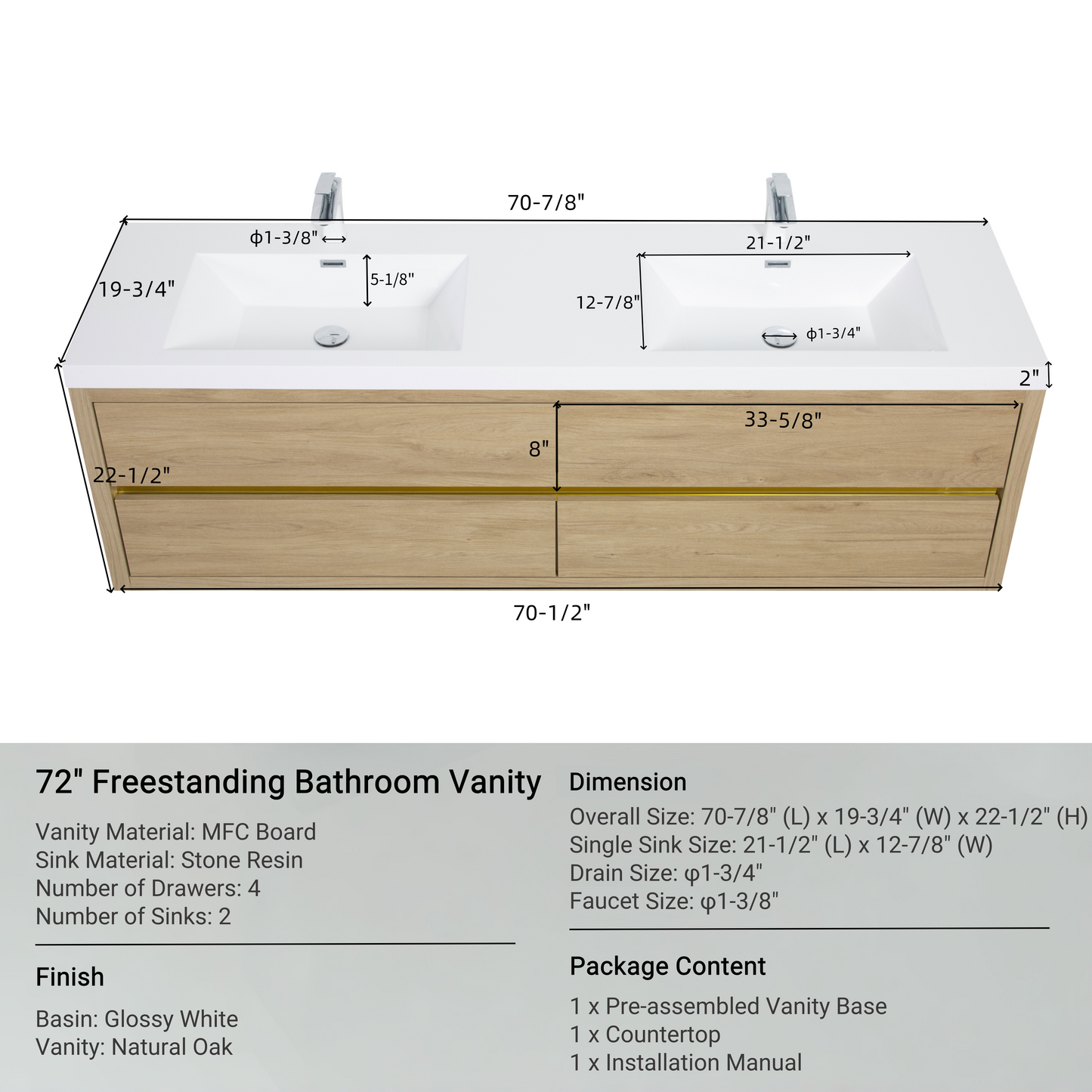 72" Aurelia - Floating Bathroom Vanity, Natural Oak V15-72NO