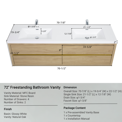 72" Aurelia - Floating Bathroom Vanity, Natural Oak V15-72NO