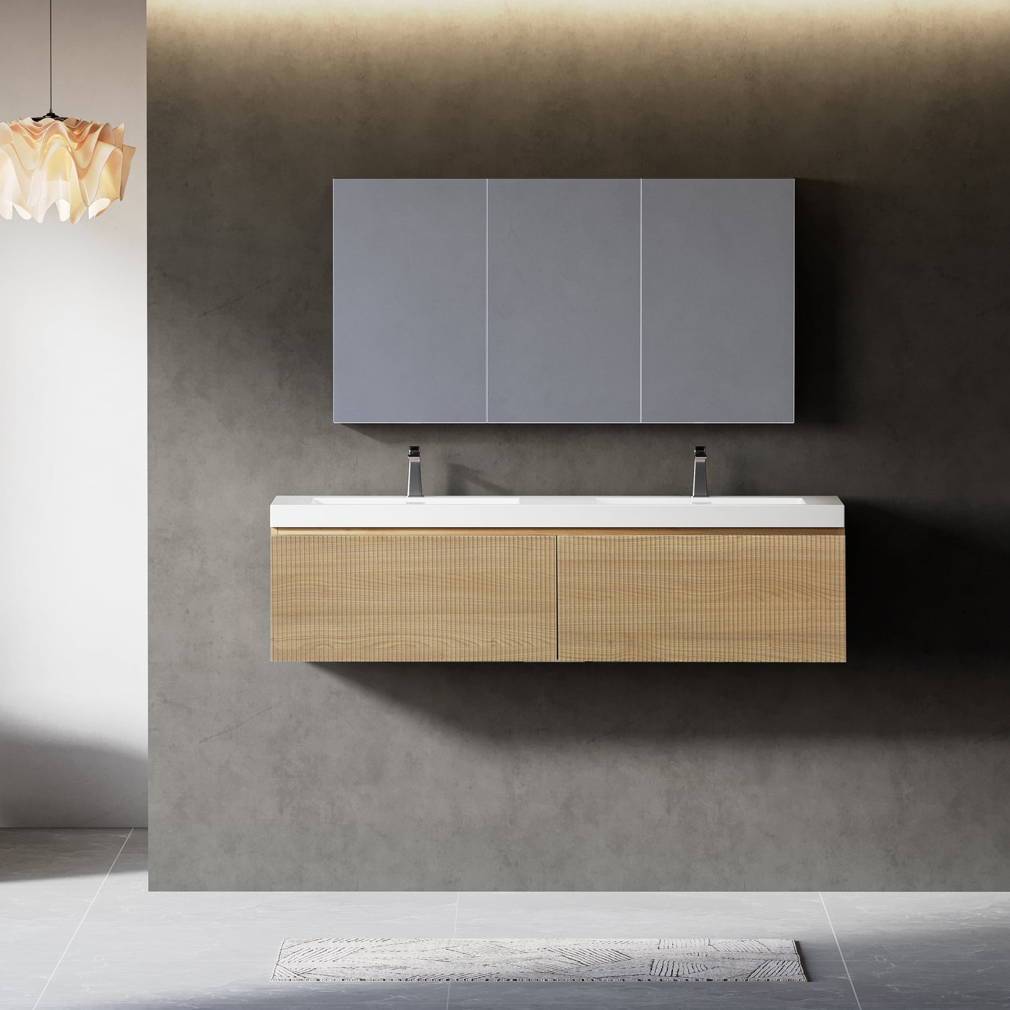 60" Liner - Floating Bathroom Vanity Integrated Double Sink Basin, Natural Oak V16-60NOW