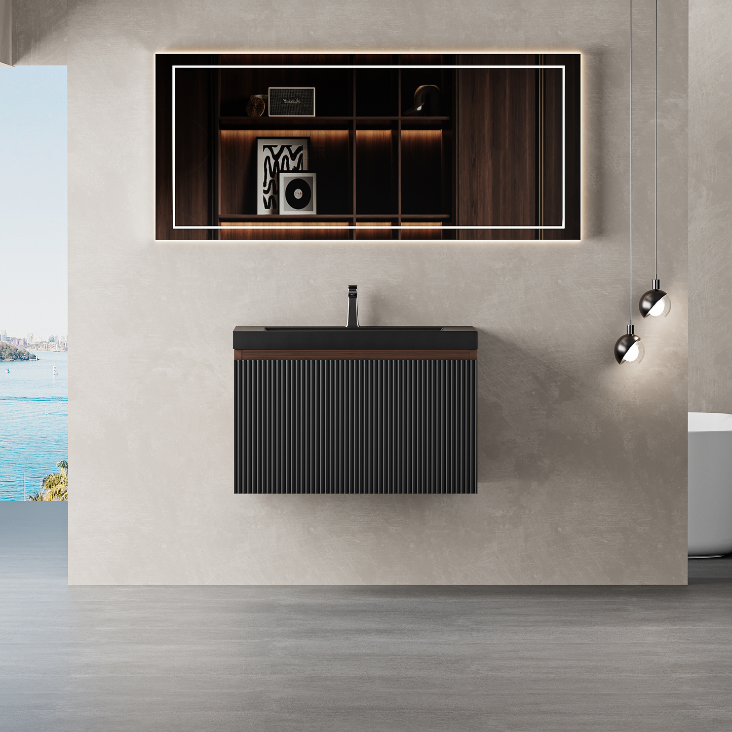 24" Liner - Floating Bathroom Vanity, Smoked Walnut & lnk Black V16-24WAB