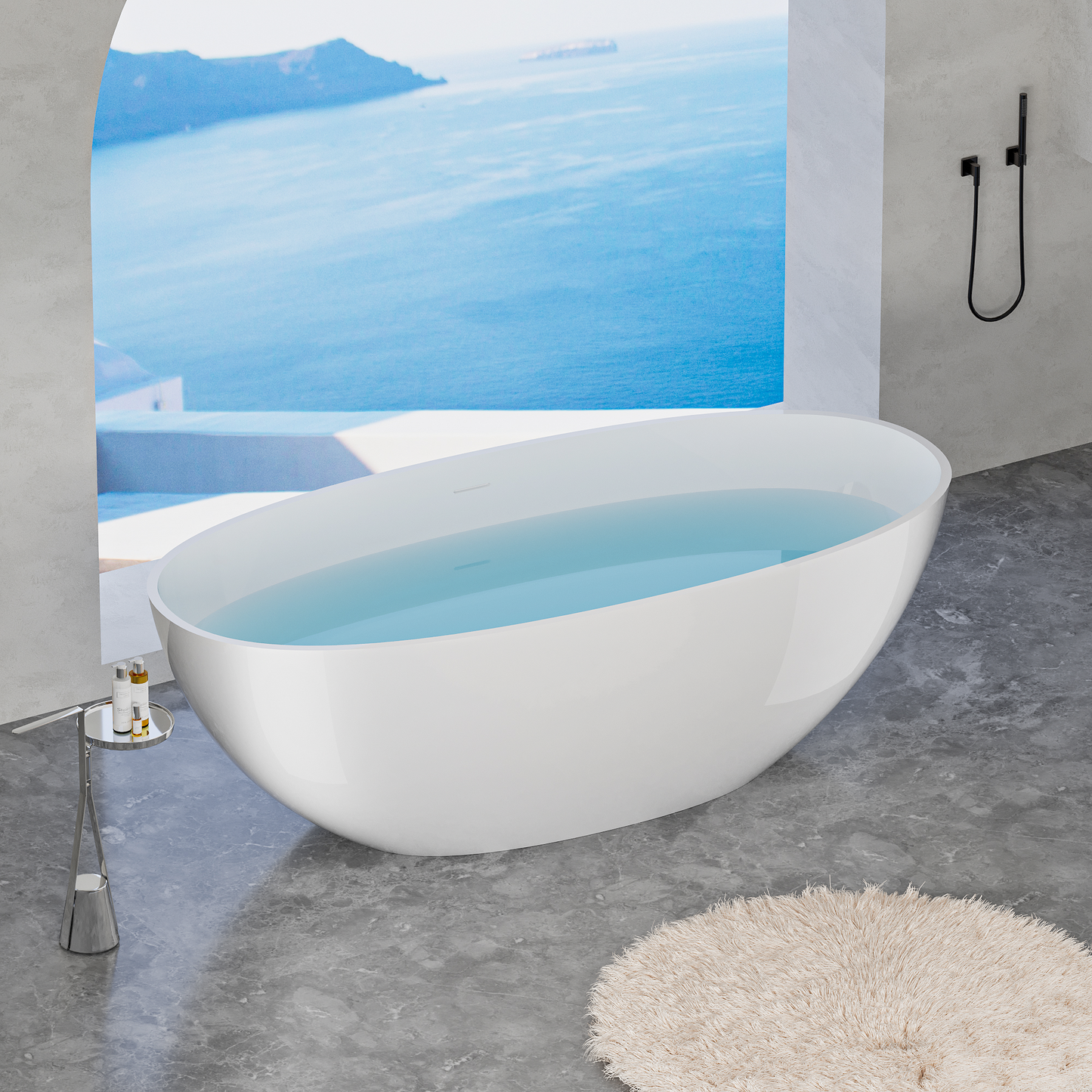65" Elegant Oval Solid Surface Freestanding Soaking Bathtub, Matte/Gloss White S06-65