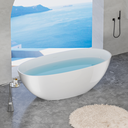 65" Elegant Oval Solid Surface Freestanding Soaking Bathtub, Matte/Gloss White S06-65