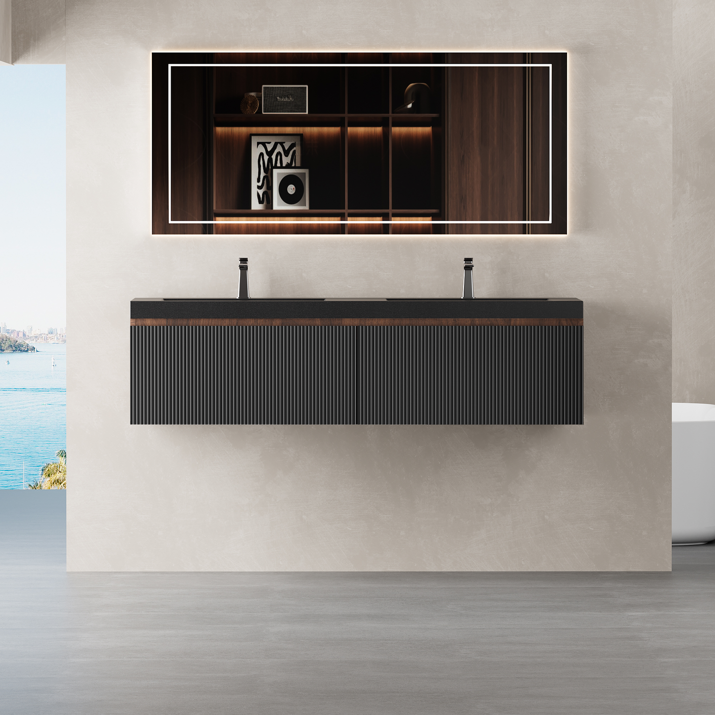 60" Liner - Floating Bathroom Vanity Integrated Double Basin, Smoked Walnut & lnk Black V16-60WAB