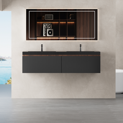 60" Liner - Floating Bathroom Vanity Integrated Double Basin, Smoked Walnut & lnk Black V16-60WAB