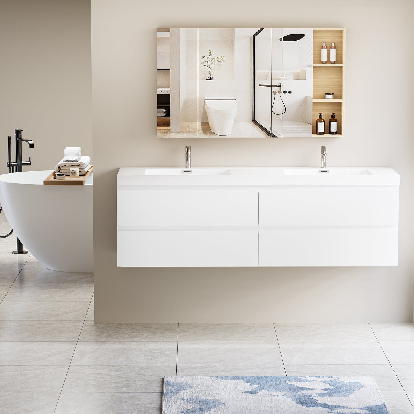 72" Angela - Floating Bathroom Vanity Double Sink Glossy White V11-72GW
