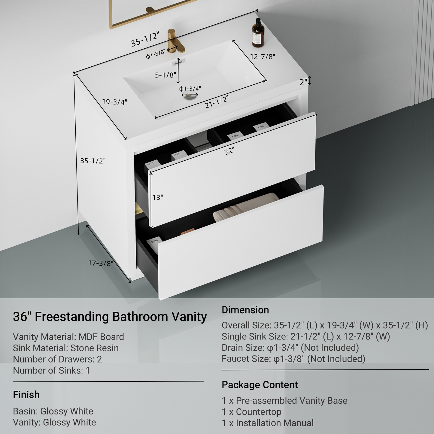 36" Aurelia - Freestanding Bathroom Vanity, Glossy White V14-36GW