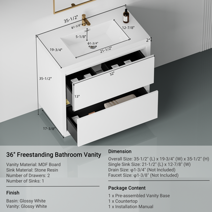 36" Aurelia - Freestanding Bathroom Vanity, Glossy White V14-36GW