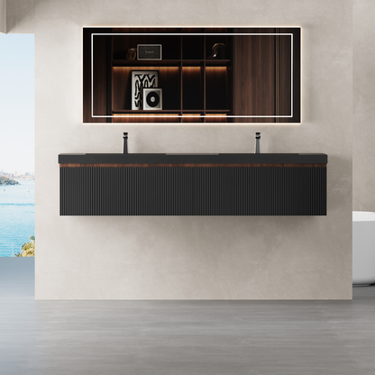 72" Liner - Floating Bathroom Vanity Integrated Double Basin, Smoked Walnut & lnk Black V16-72WAB