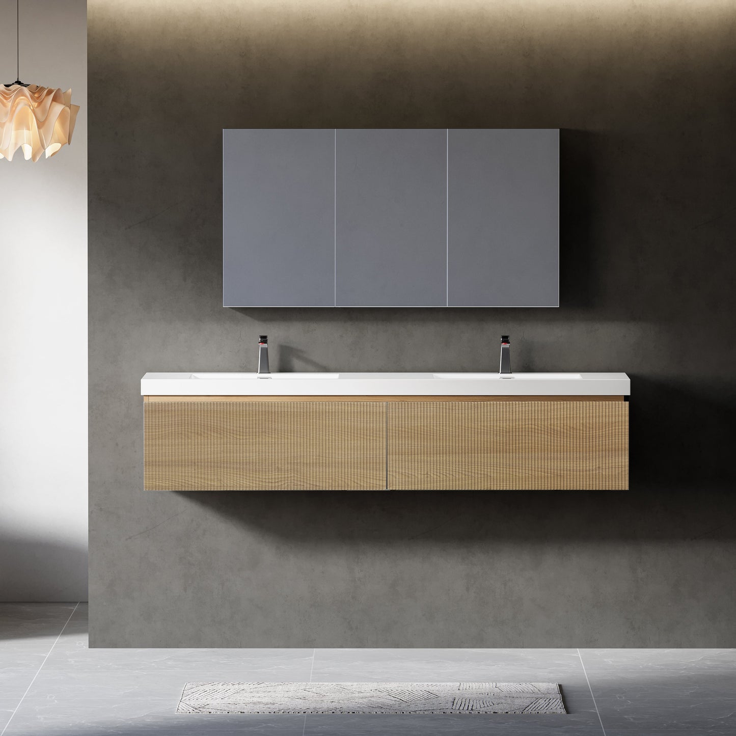 72" Liner - Floating Bathroom Vanity Integrated Double Sink Basin, Natural Oak V16-72NOW