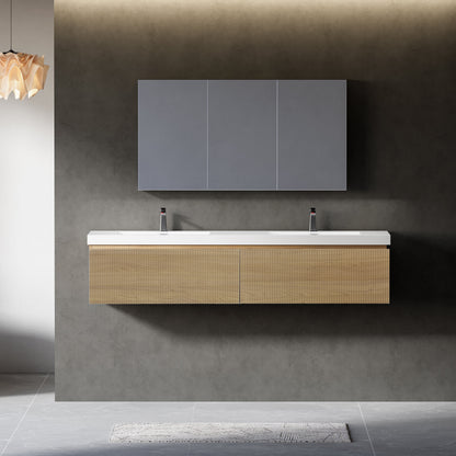 72" Liner - Floating Bathroom Vanity Integrated Double Sink Basin, Natural Oak V16-72NOW