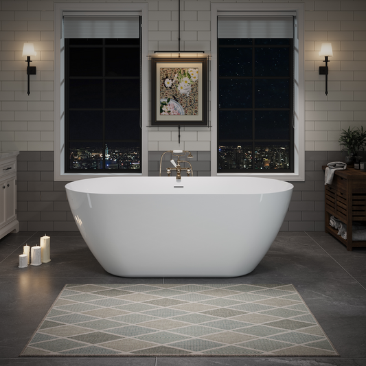 55"/60"/63" Minimalist Oval Acrylic Freestanding Soaking Bathtub, Glossy White A09