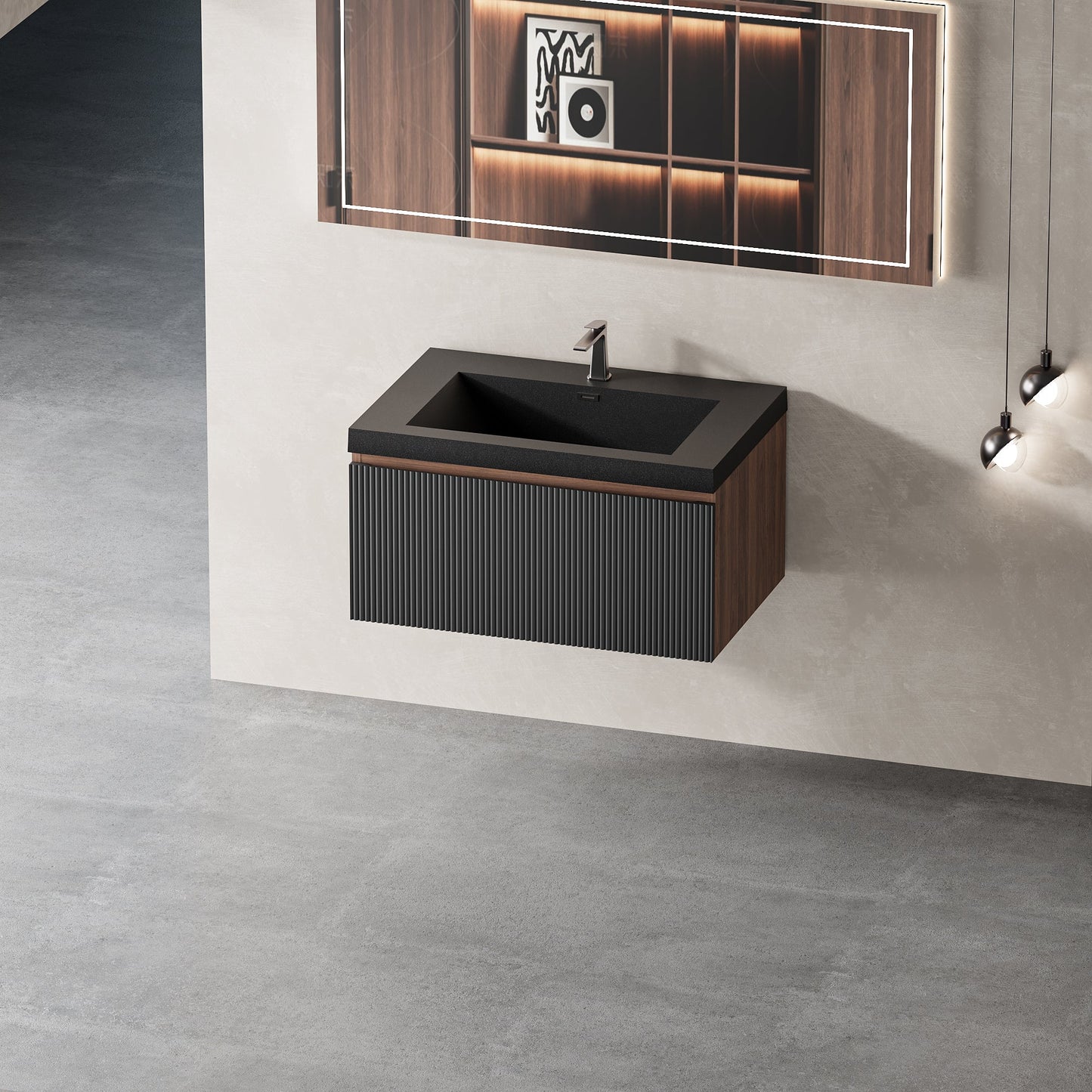 30" Liner - Floating Bathroom Vanity, Smoked Walnut & lnk Black V16-30WAB