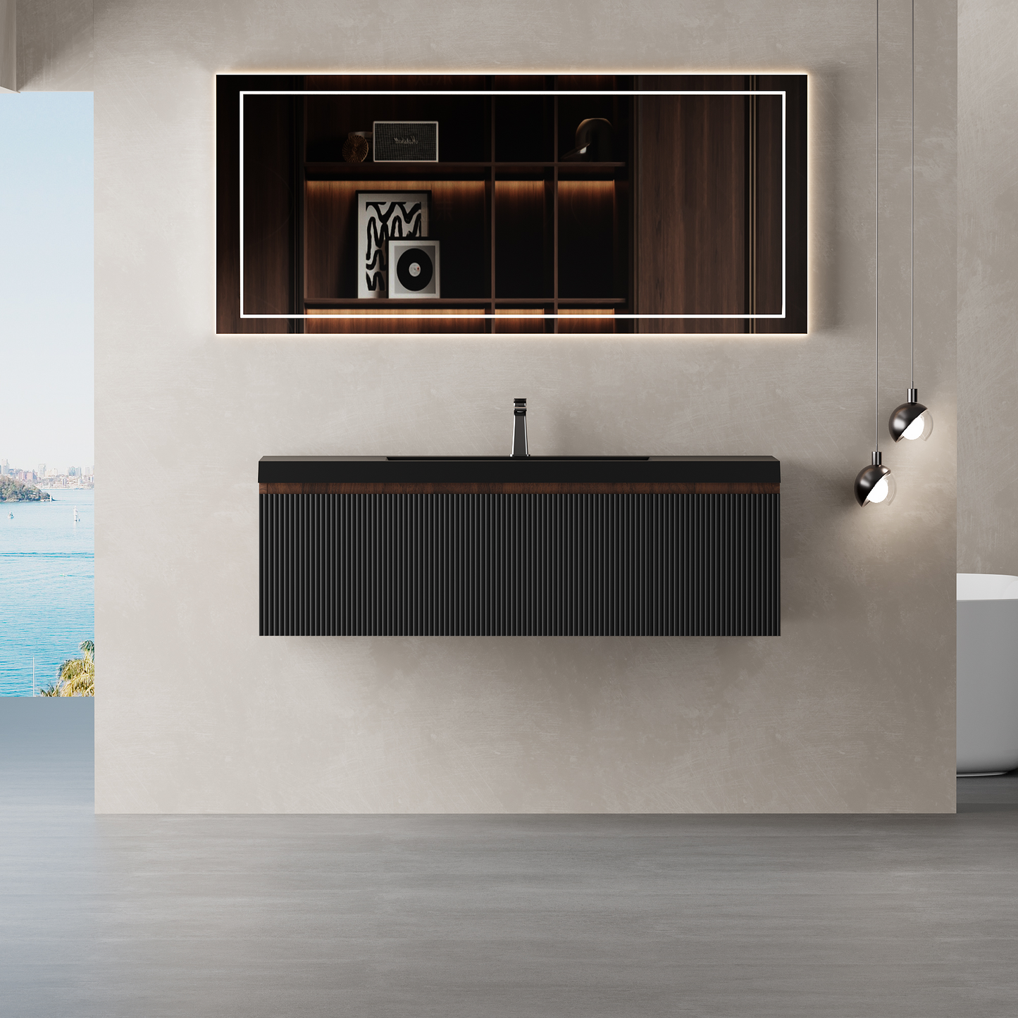 48" Liner - Floating Bathroom Vanity, Smoked Walnut & lnk Black V16-48WAB