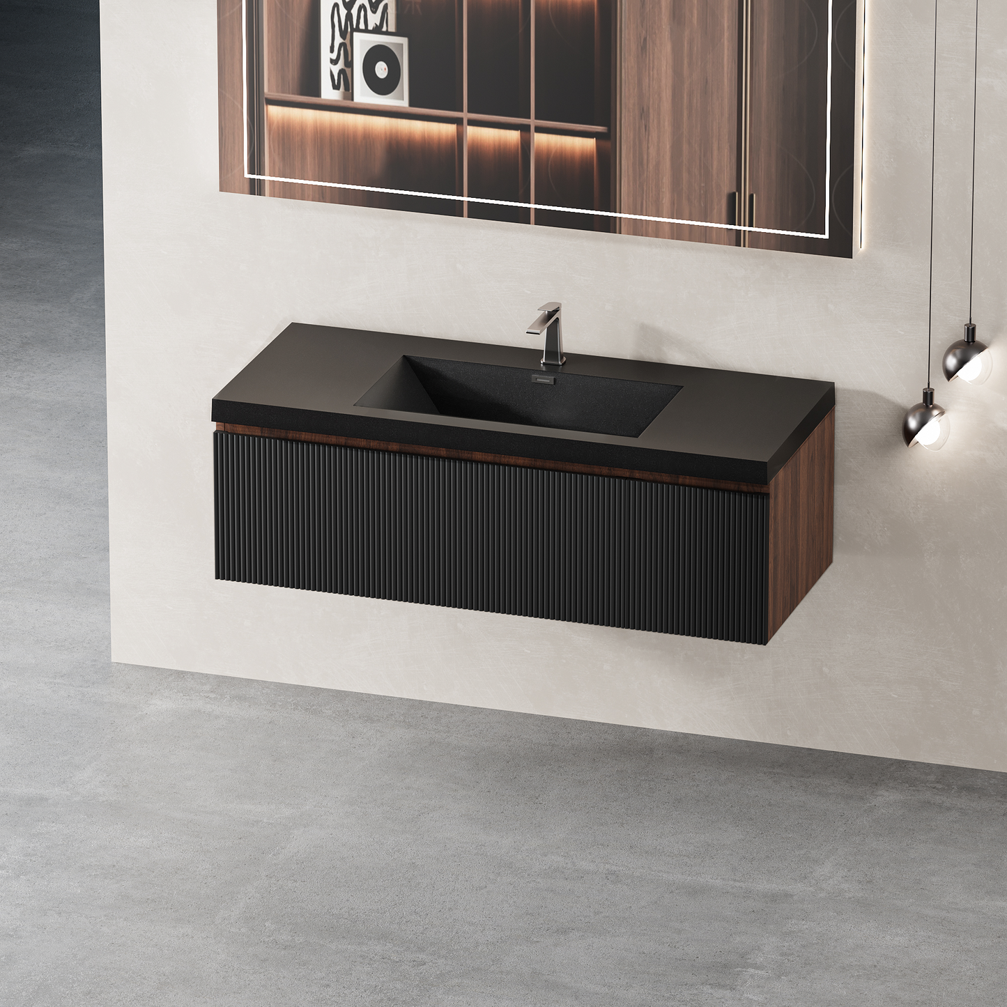 48" Liner - Floating Bathroom Vanity, Smoked Walnut & lnk Black V16-48WAB