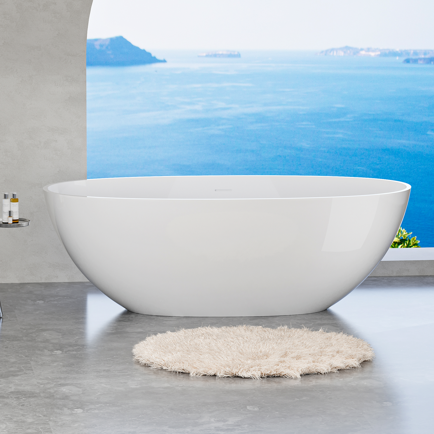 65" Elegant Oval Solid Surface Freestanding Soaking Bathtub, Matte/Gloss White S06-65