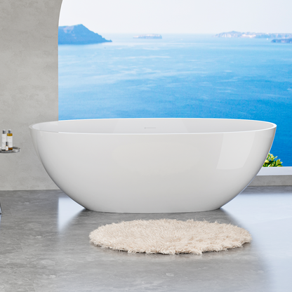 65" Elegant Oval Solid Surface Freestanding Soaking Bathtub, Matte/Gloss White S06-65