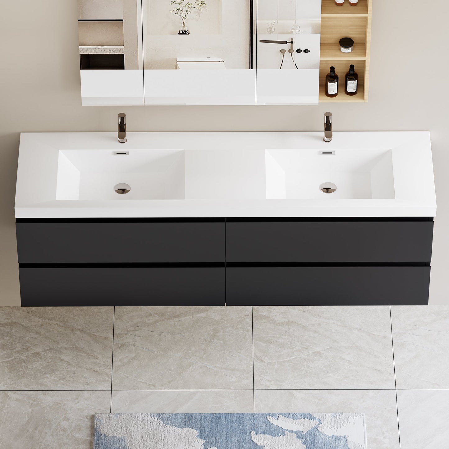 72" Angela - Floating Bathroom Vanity Double Sink Glossy Black V11-72GB