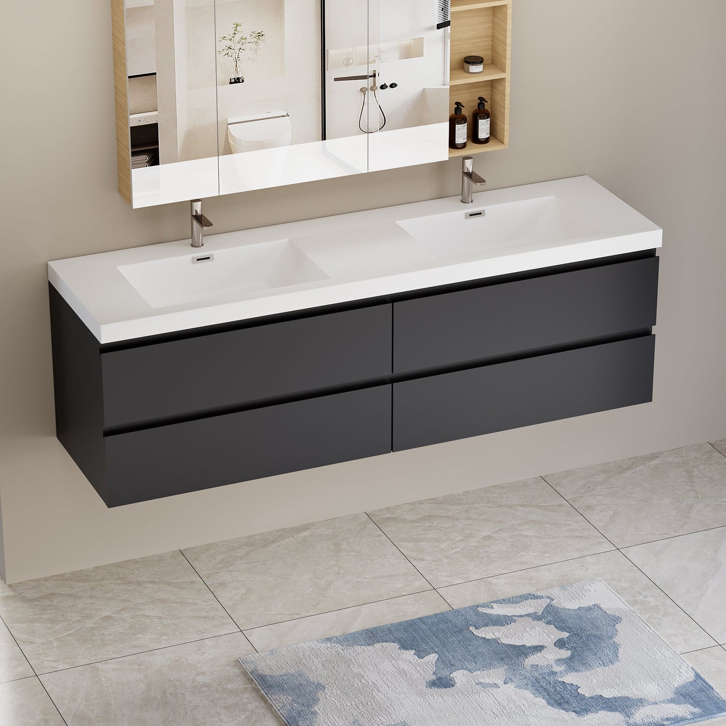 72" Angela - Floating Bathroom Vanity Double Sink Glossy Black V11-72GB