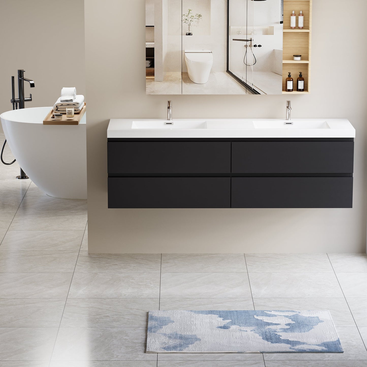 72" Angela - Floating Bathroom Vanity Double Sink Glossy Black V11-72GB