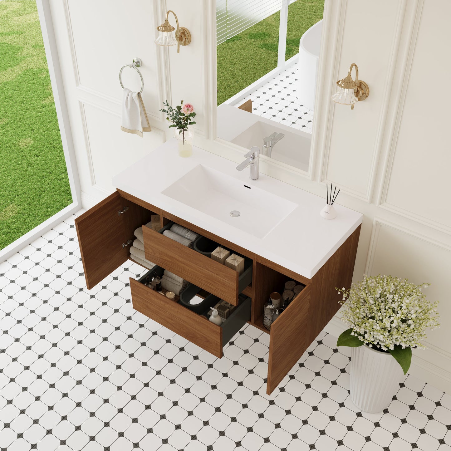 48" Angela - Floating Bathroom Vanity Honey Gold Walnut V11-48WN