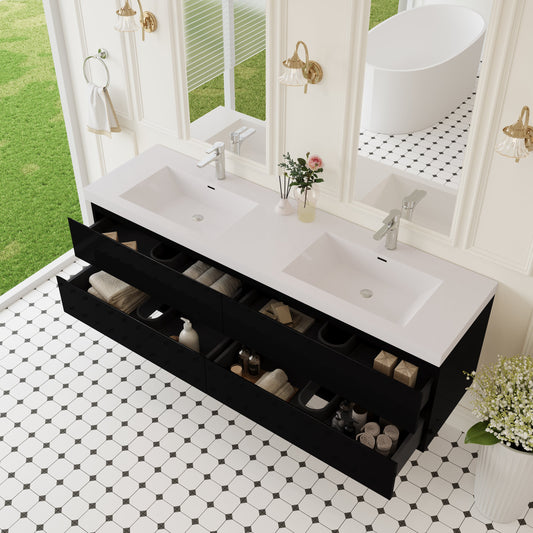 72" Angela - Floating Bathroom Vanity Double Sink Glossy Black V11-72GB
