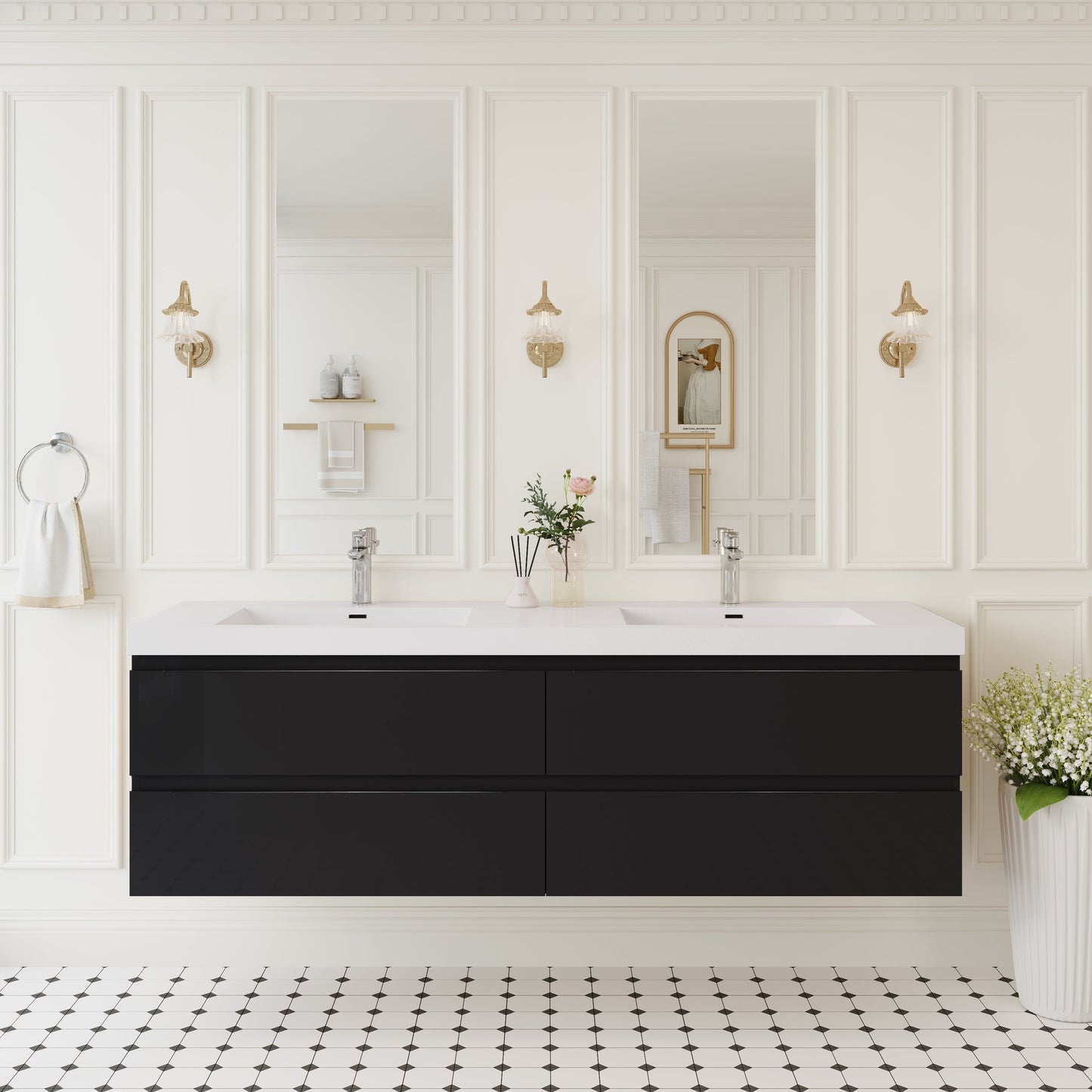 72" Angela - Floating Bathroom Vanity Double Sink Glossy Black V11-72GB