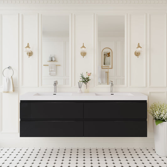 72" Angela - Floating Bathroom Vanity Double Sink Glossy Black V11-72GB