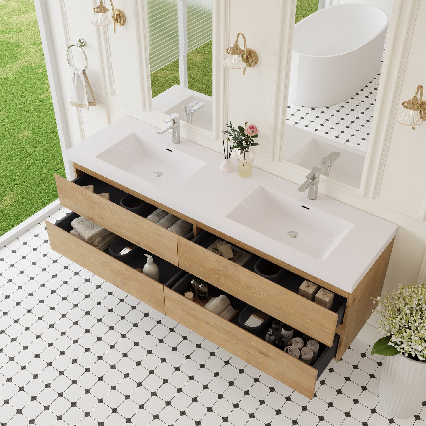 72" Angela - Floating Bathroom Vanity Double Sink Natural Oak V11-72NO