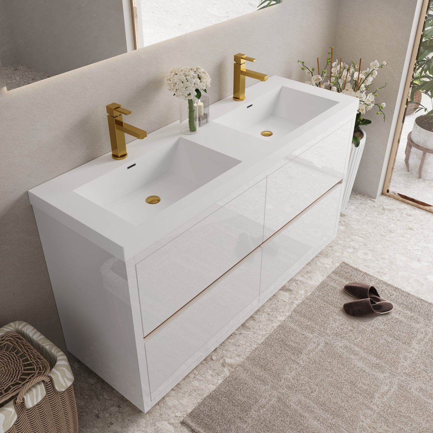 60" Aurelia - Freestanding Bathroom Vanity, Glossy White V14-60DGW