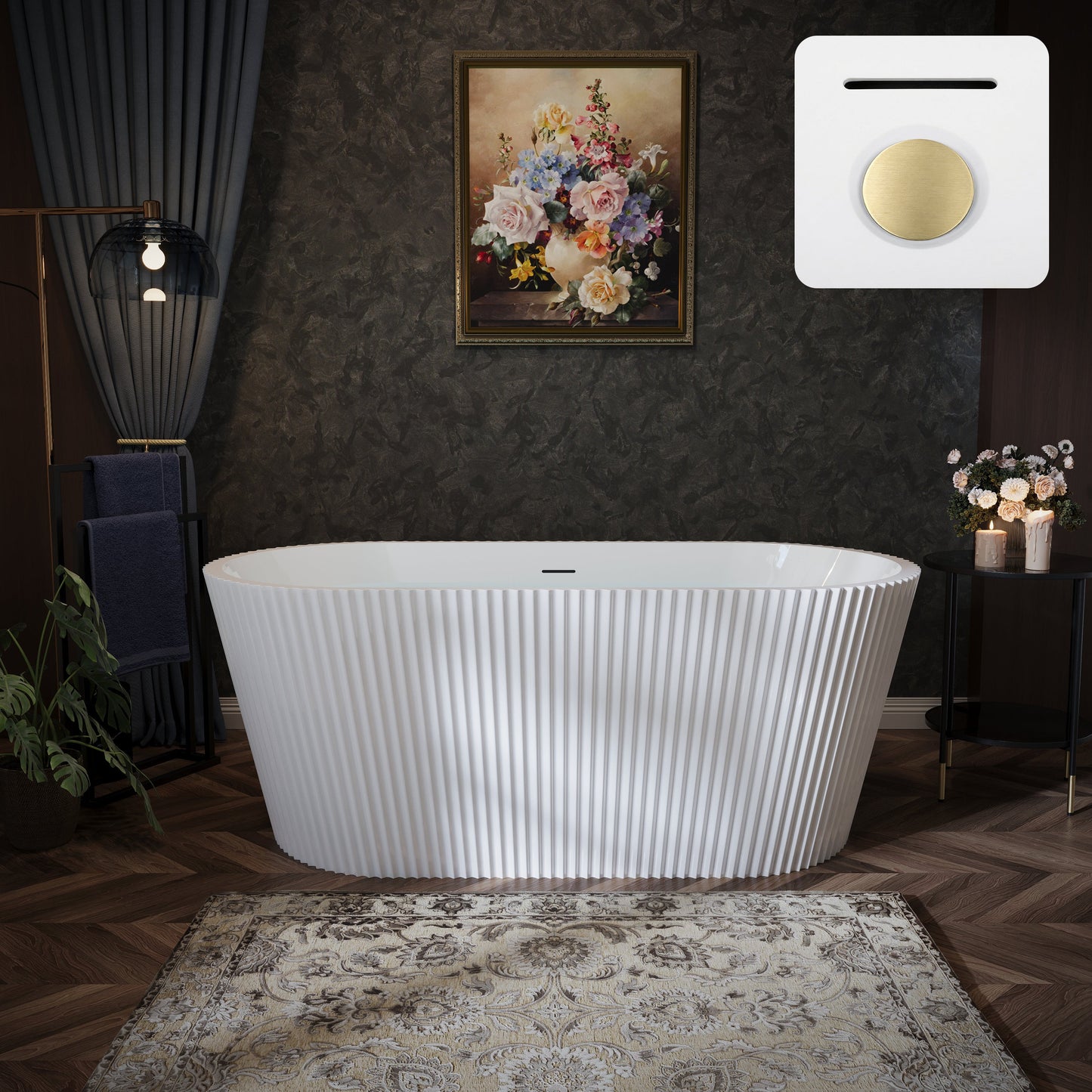 60" Fluted Acrylic Freestanding Soaking Bathtub, Glossy White A13