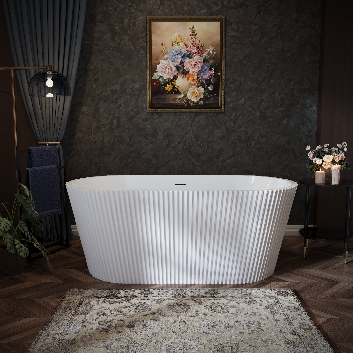60" Fluted Acrylic Freestanding Soaking Bathtub, Glossy White A13