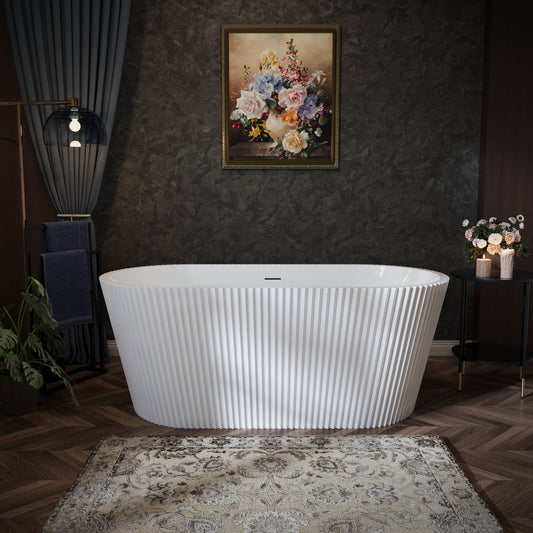 60" Fluted Acrylic Freestanding Soaking Bathtub, Glossy White A13