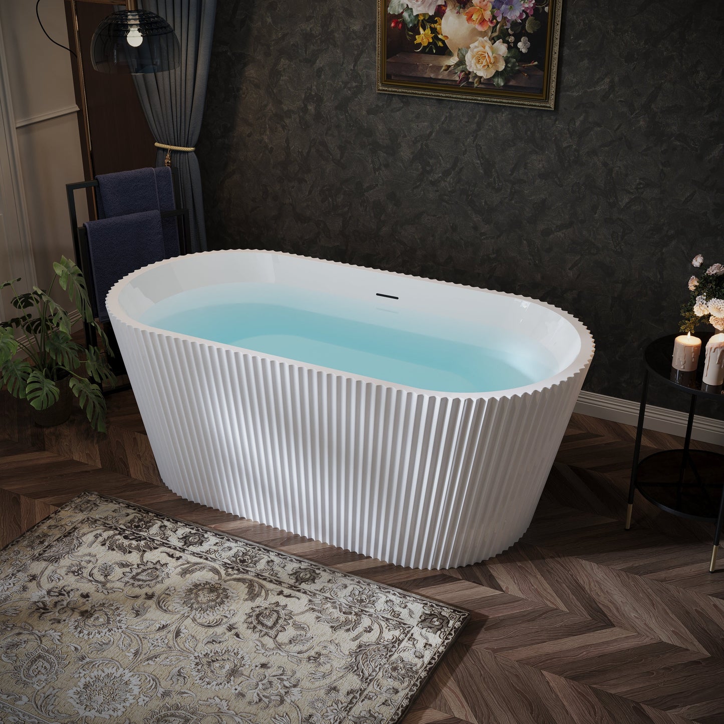 60" Fluted Acrylic Freestanding Soaking Bathtub, Glossy White A13