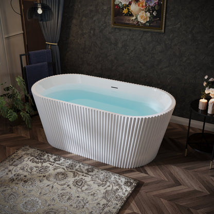 60" Fluted Acrylic Freestanding Soaking Bathtub, Glossy White A13