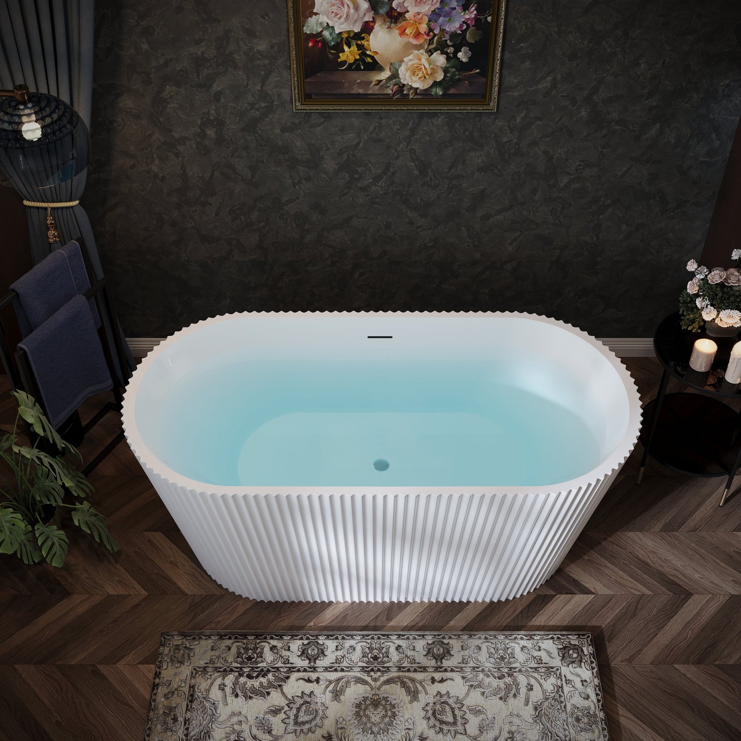 60" Fluted Acrylic Freestanding Soaking Bathtub, Glossy White A13
