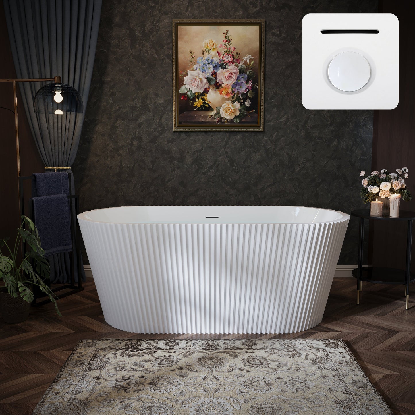60" Fluted Acrylic Freestanding Soaking Bathtub, Glossy White A13