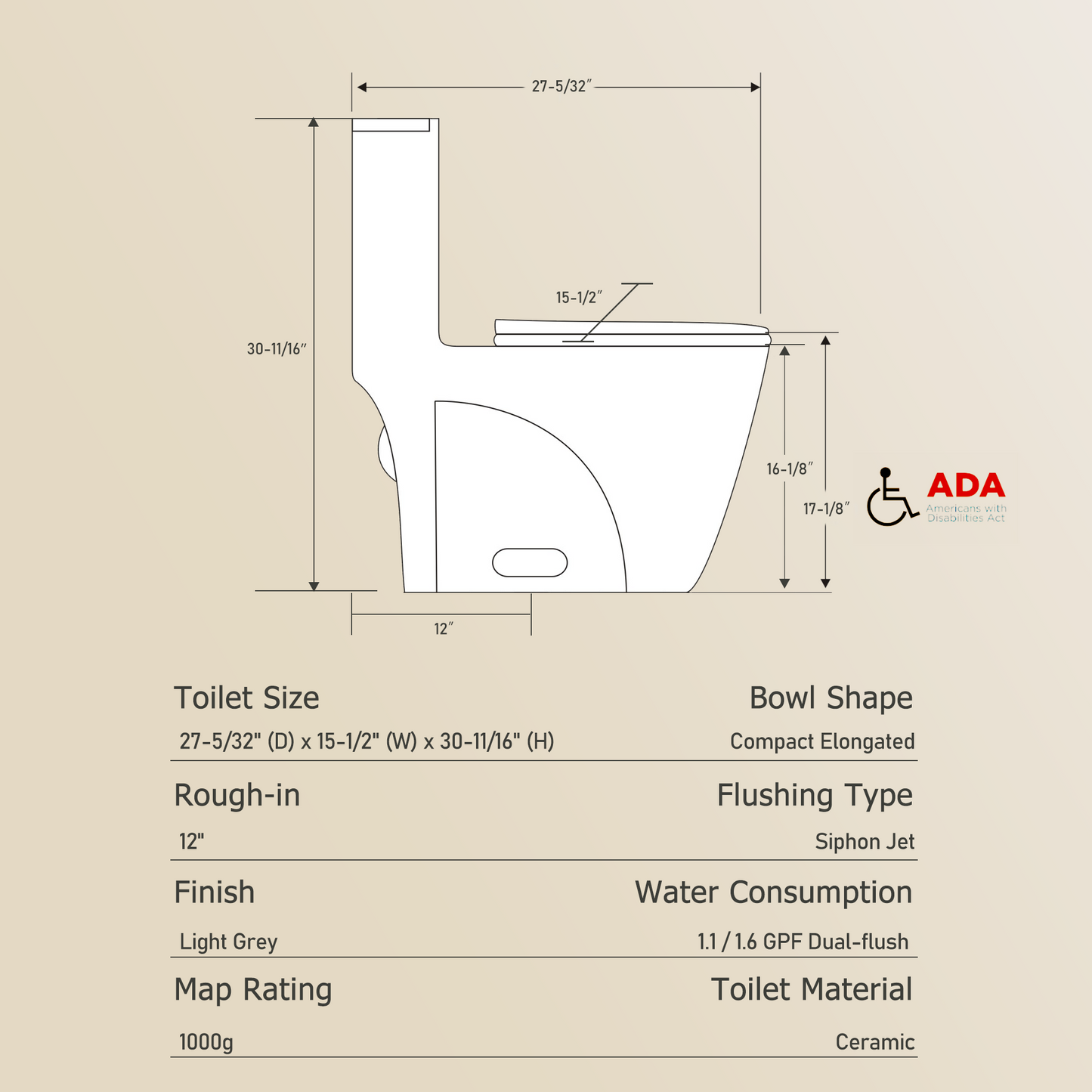 One-Piece Toilet, Dual Flush 1.1/1.6 GPF, Light  Grey T01-LG