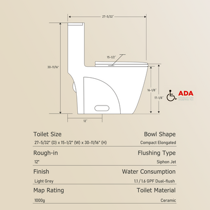 One-Piece Toilet, Dual Flush 1.1/1.6 GPF, Light  Grey T01-LG