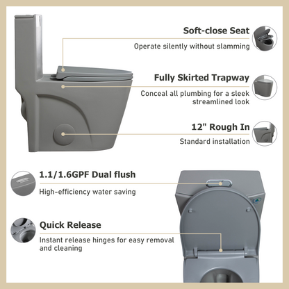 One-Piece Toilet, Dual Flush 1.1/1.6 GPF, Light  Grey T01-LG