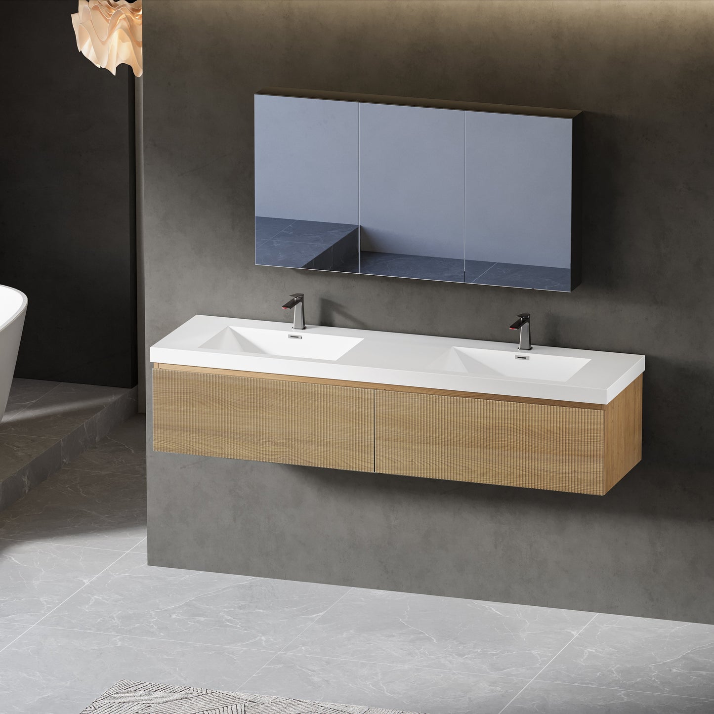 72" Liner - Floating Bathroom Vanity Integrated Double Sink Basin, Natural Oak V16-72NOW