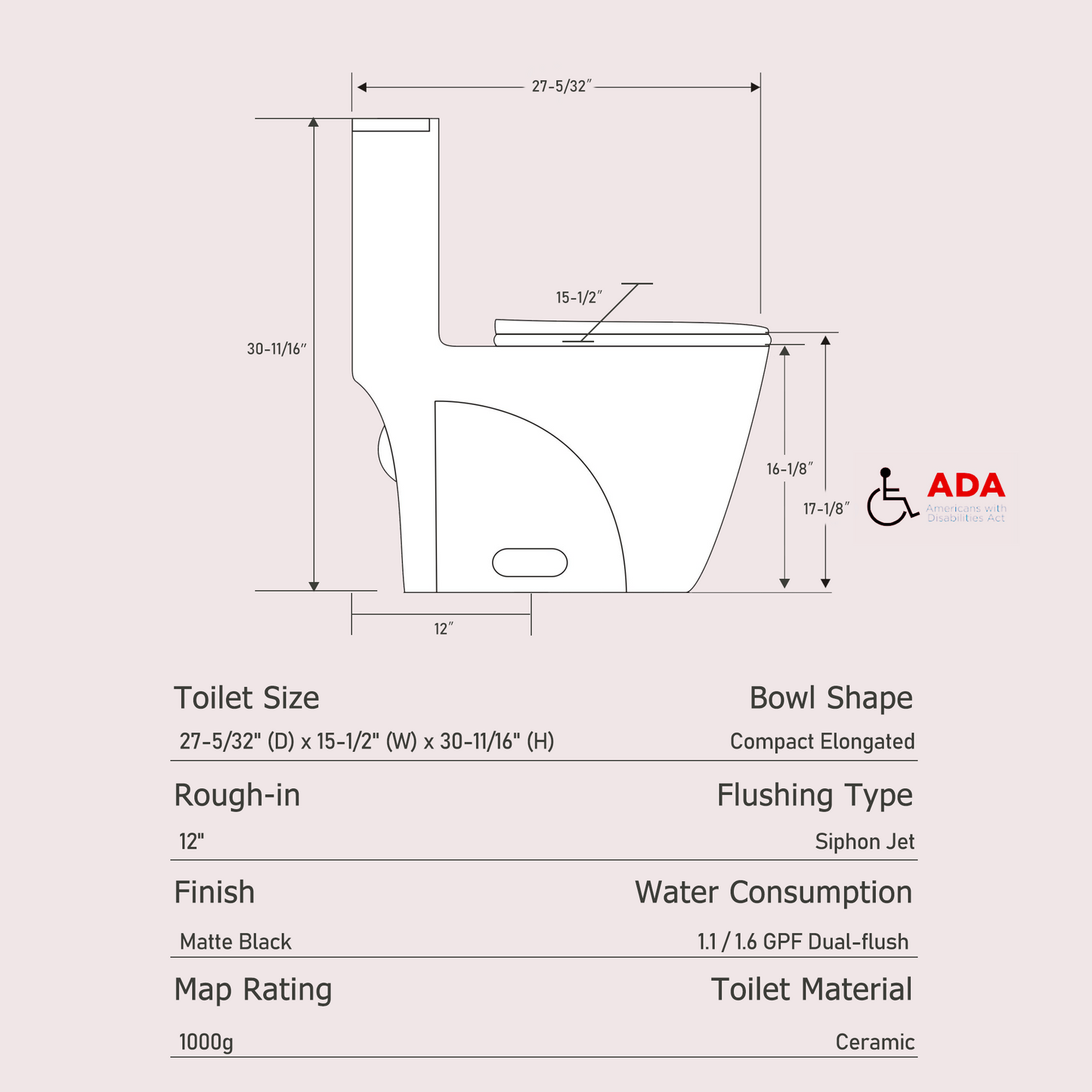 One-Piece Toilet, Dual Flush 1.1/1.6 GPF, Matte Black  T01-MB
