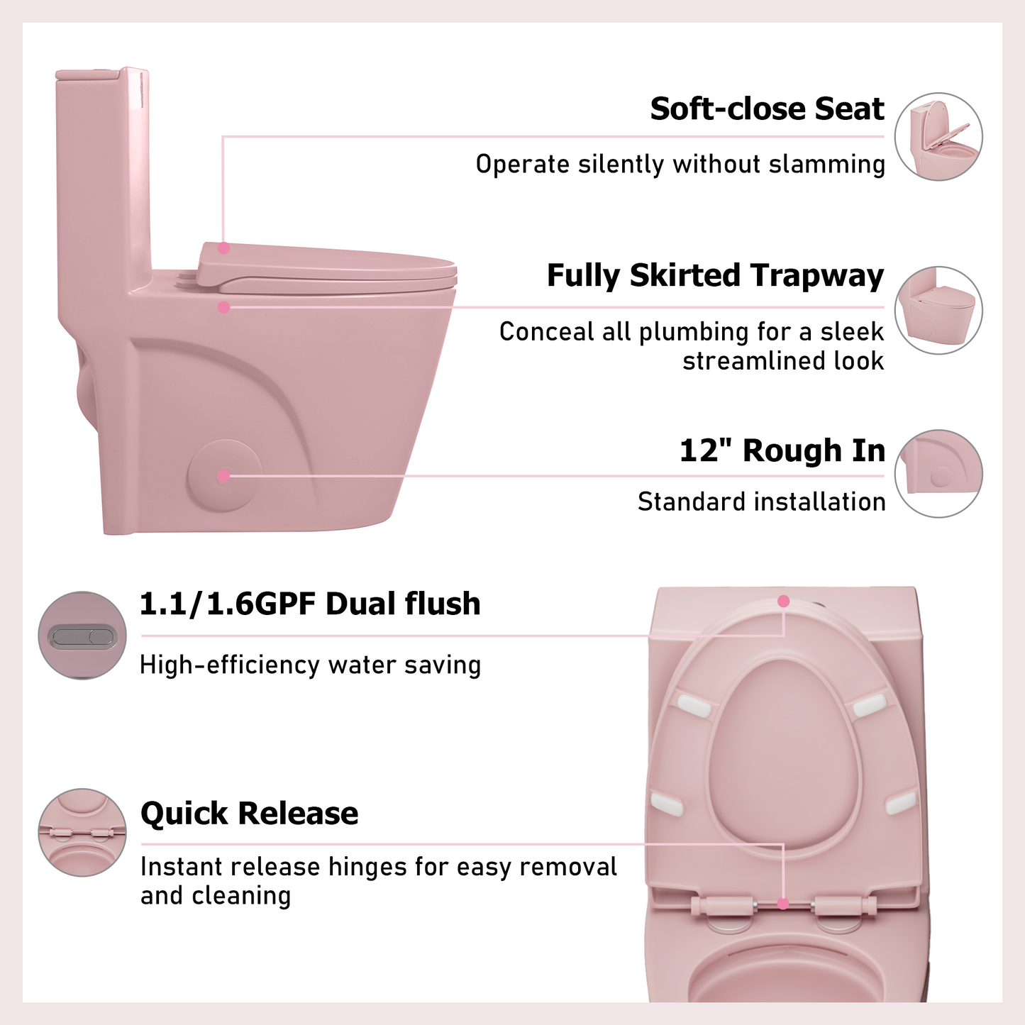 One-Piece Toilet, Dual Flush 1.1/1.6 GPF, Pink Rose T01-RS