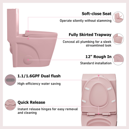 One-Piece Toilet, Dual Flush 1.1/1.6 GPF, Pink Rose T01-RS