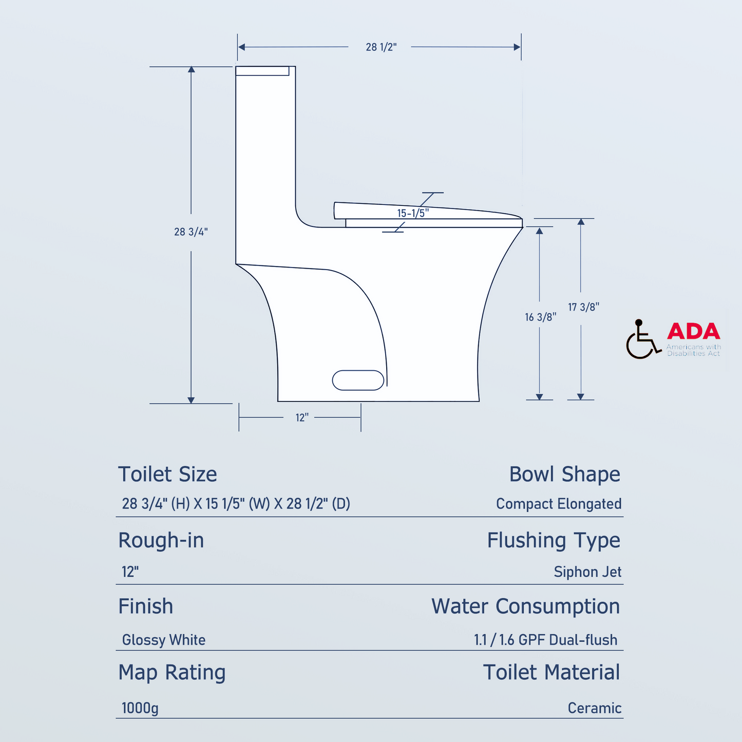 One-Piece Toilet, Dual Flush 1.1/1.6 GPF, Glossy White T02-GW