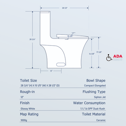 One-Piece Toilet, Dual Flush 1.1/1.6 GPF, Glossy White T02-GW