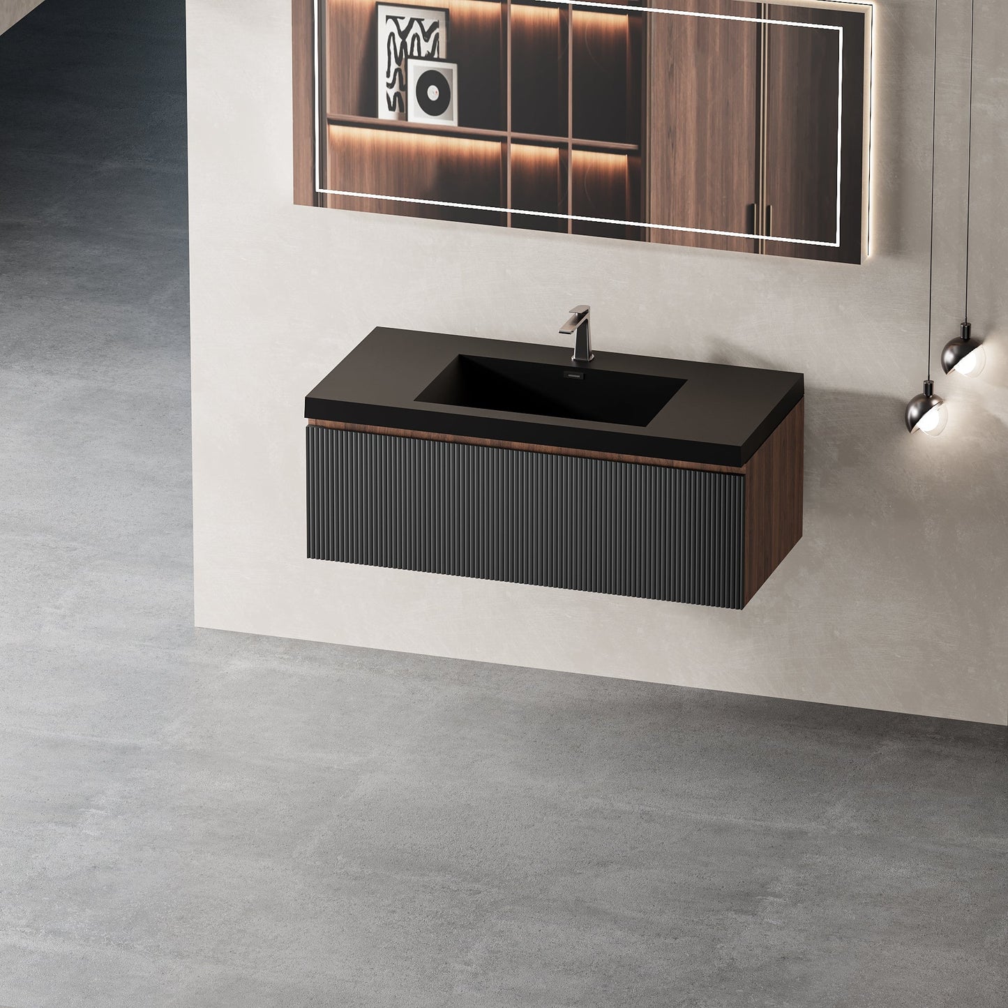 36" Liner - Floating Bathroom Vanity, Smoked Walnut & lnk Black V16-36WAB