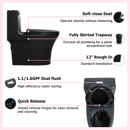 One-Piece Toilet, Dual Flush 1.1/1.6 GPF, Matte Black T02-MB